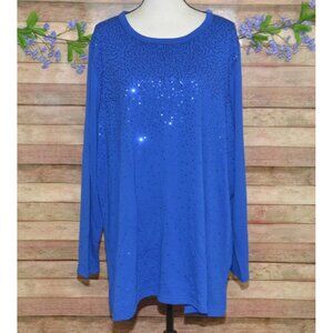 Quacker Factory Womens Plus 3X Blue Sequin Tunic Thin Knit Shirt Party Holiday